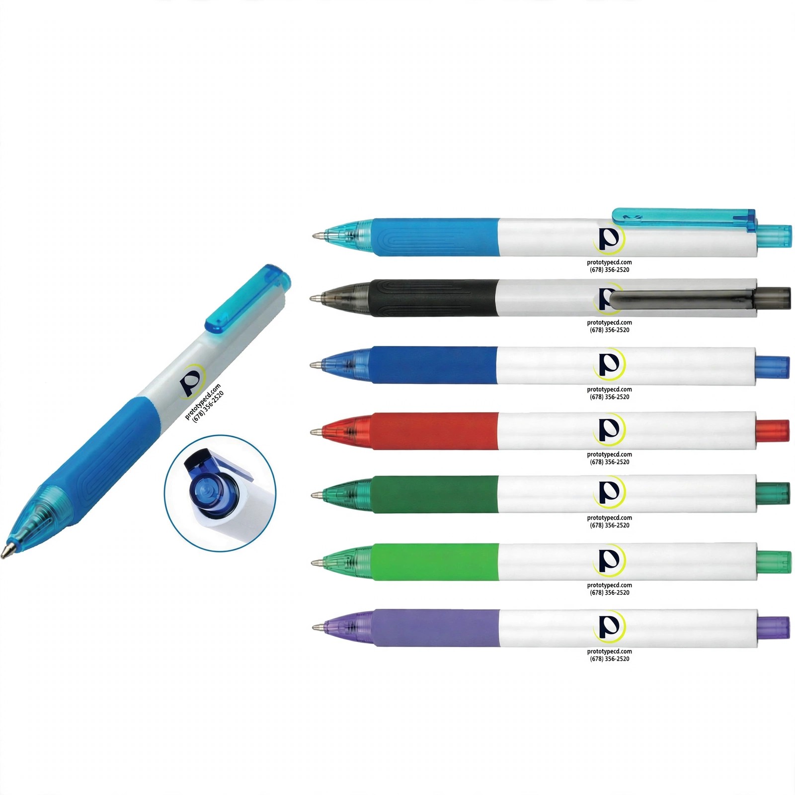Custom full-color ballpoint pens with Prototype Events branding printed on the barrel